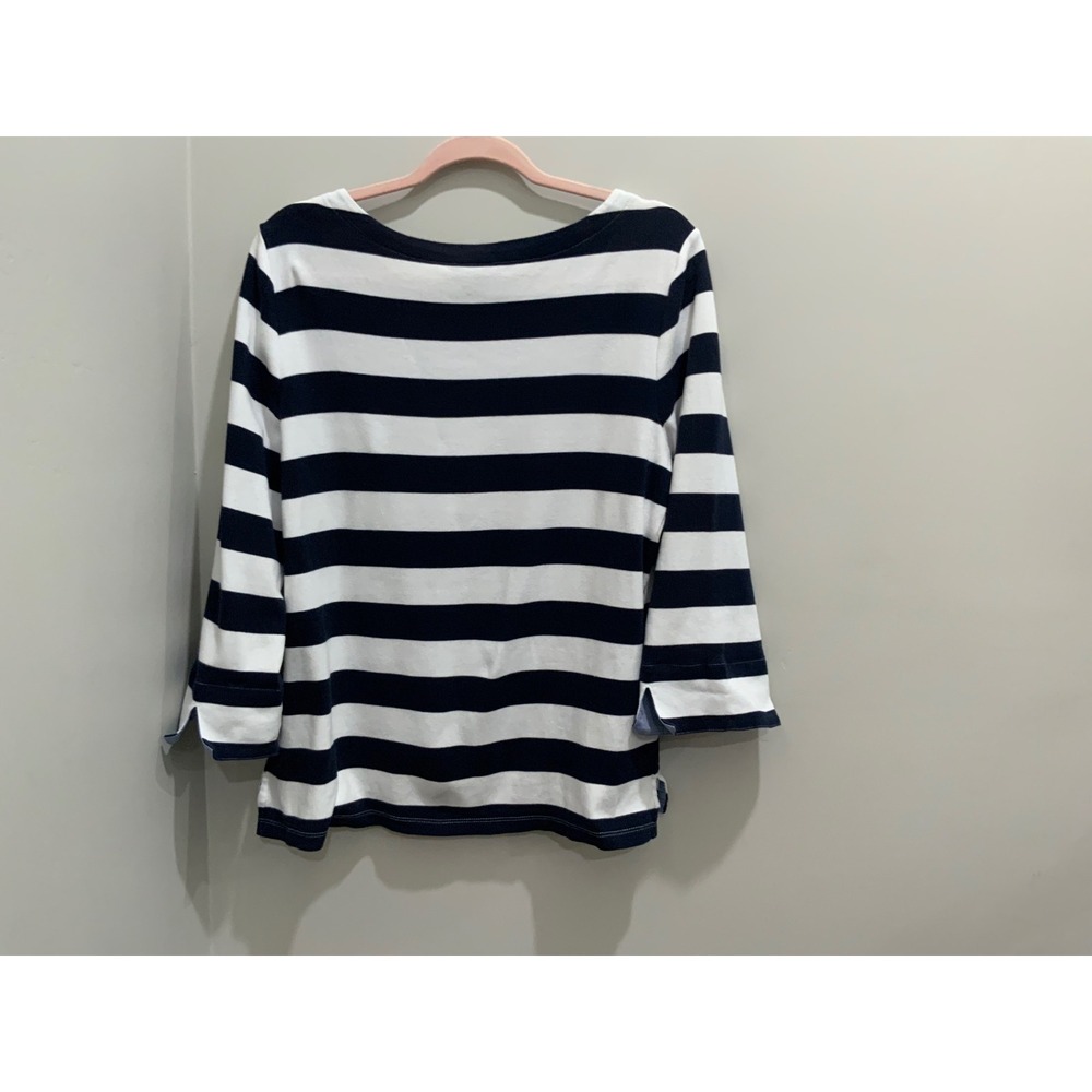 Nautica Womens Navy White Striped Boat Neck Cotton Top XL Chambray Cuffs